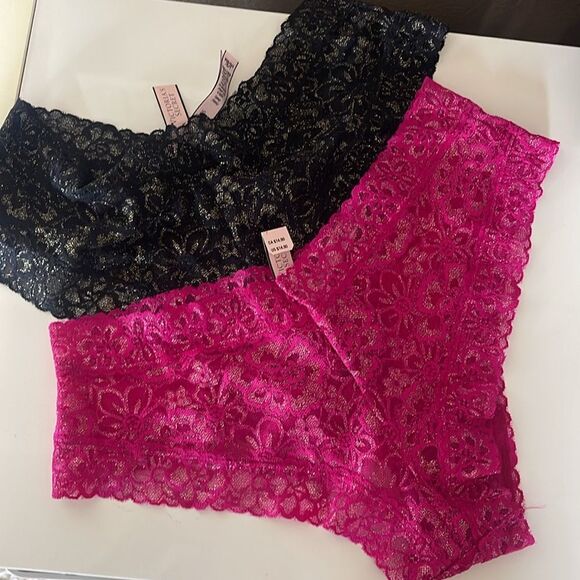 2 Victoria’s Secret cheeky panties black and pink with gold sz L new with tags - Picture 2 of 3